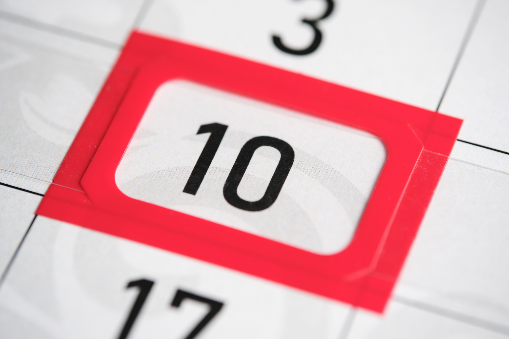 Calendar Date. The 10th Number The Calendar Is Highlighted In A Red Frame.