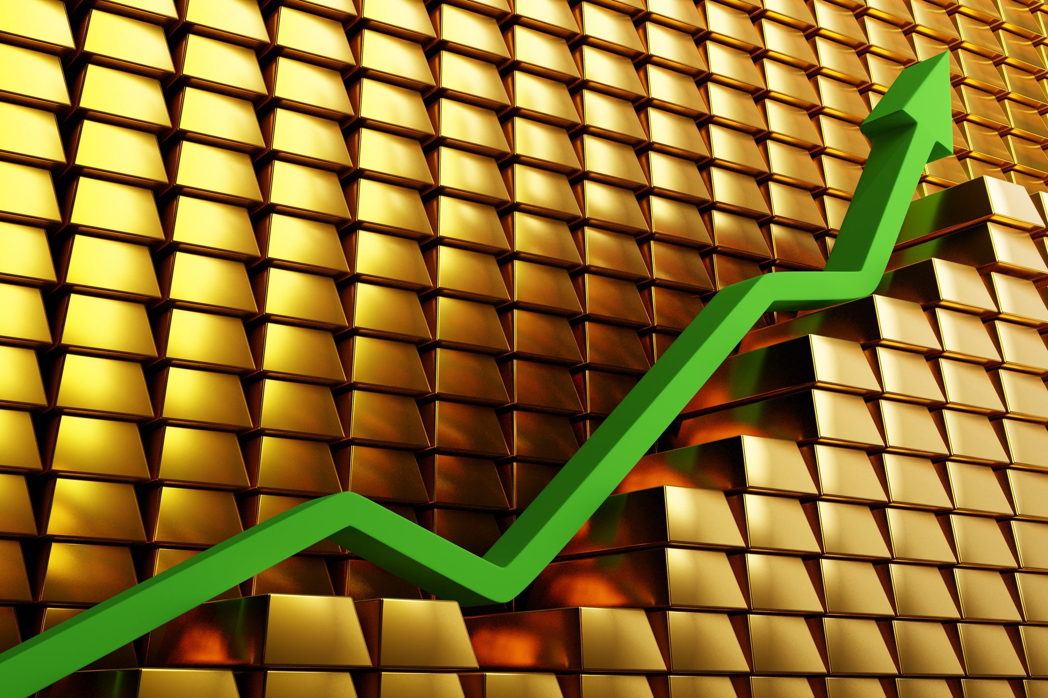 Gold Prices Soaring In A Bullish Market. Green Arrow Going Up Over Gold Bars. Concept Digital 3d Render.