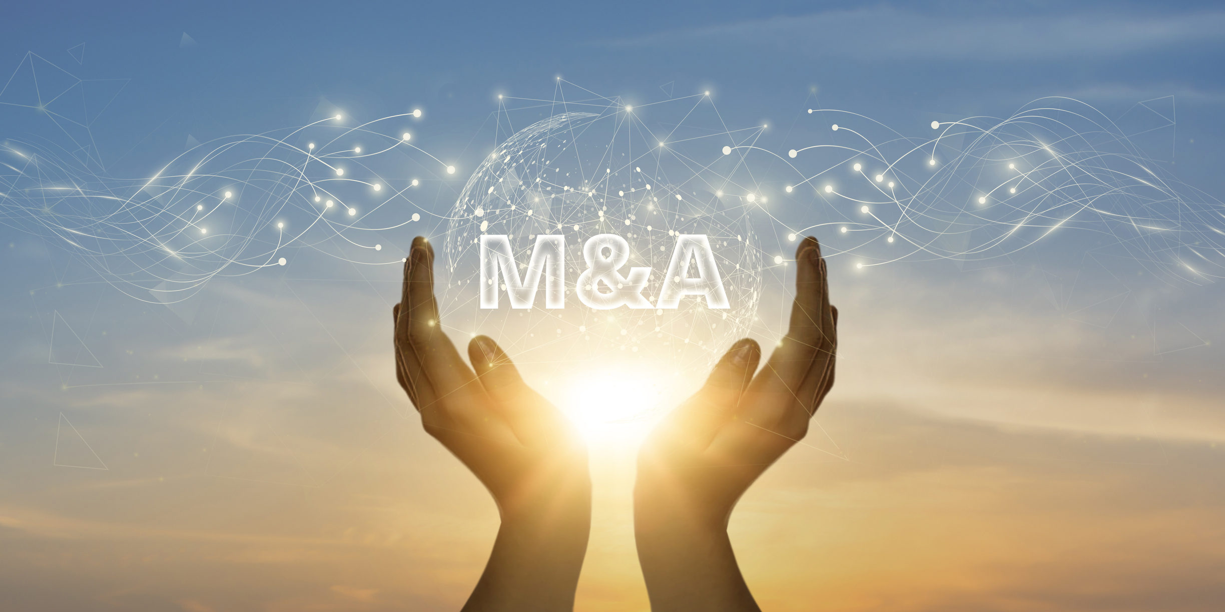 M&a. Man Holding Global Network And Connecting Data Of Mergers & Acquisitions With Business On The Internet, Strategic Partnerships, Corporate Synergy.