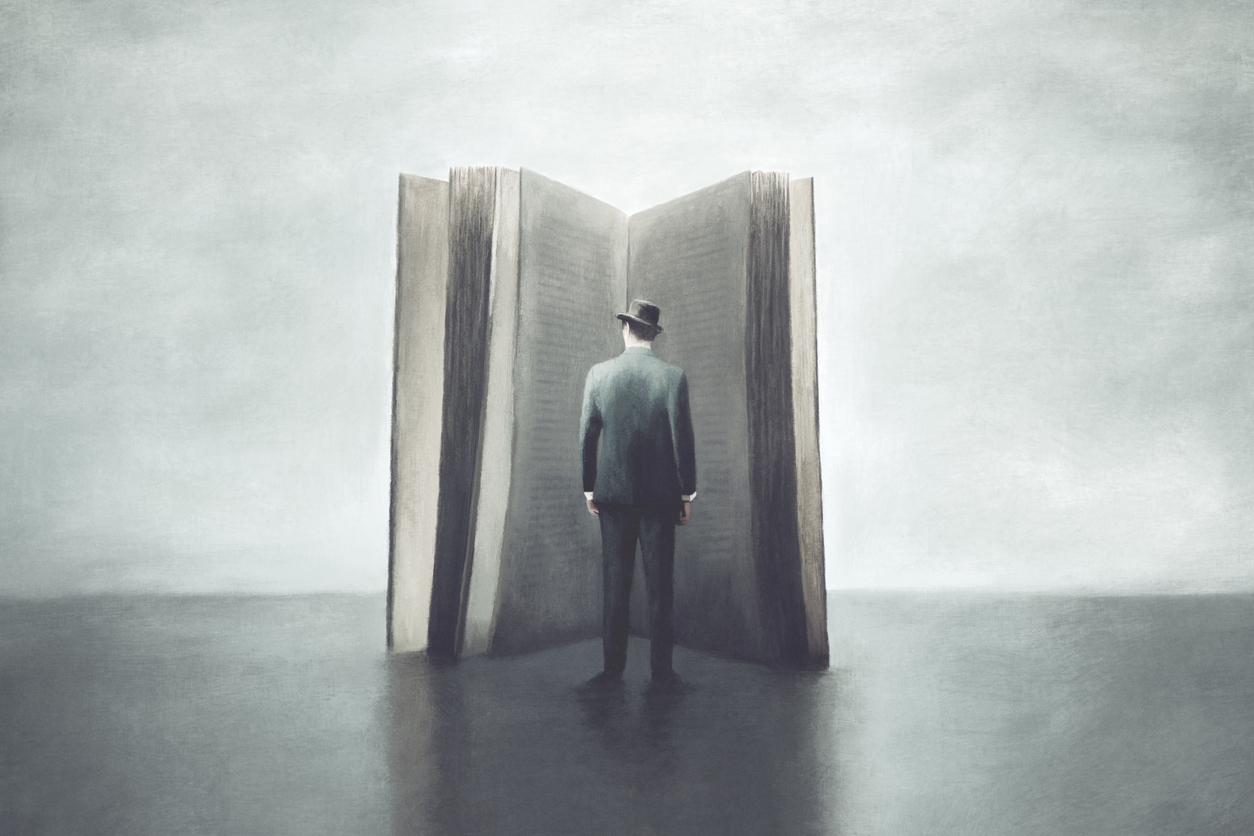 Illustration Of Man Reading A Big Book, Surreal Abstract Learning Concept