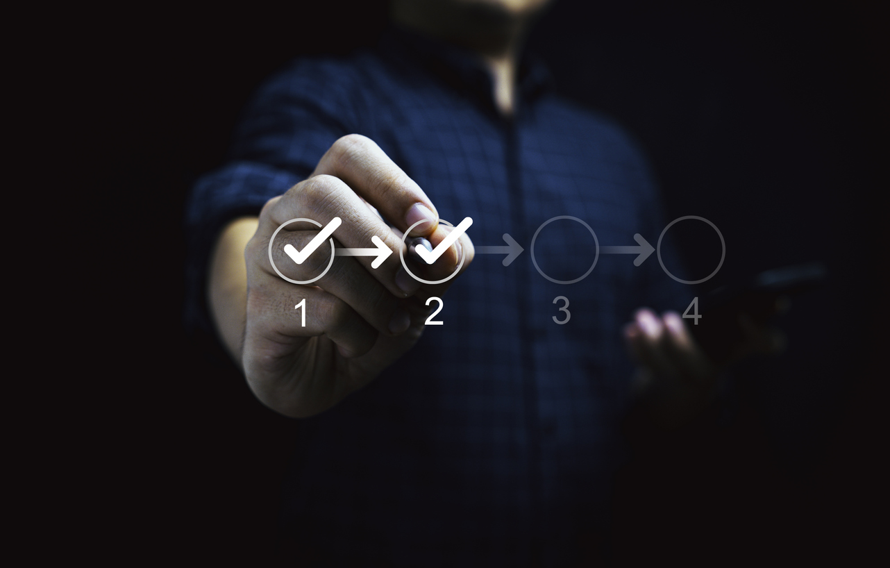 Businessman Touching To Tick Correct Mark In Checklist To Remind Work Task Progressive For Project Develop Management And Tracking Concept.