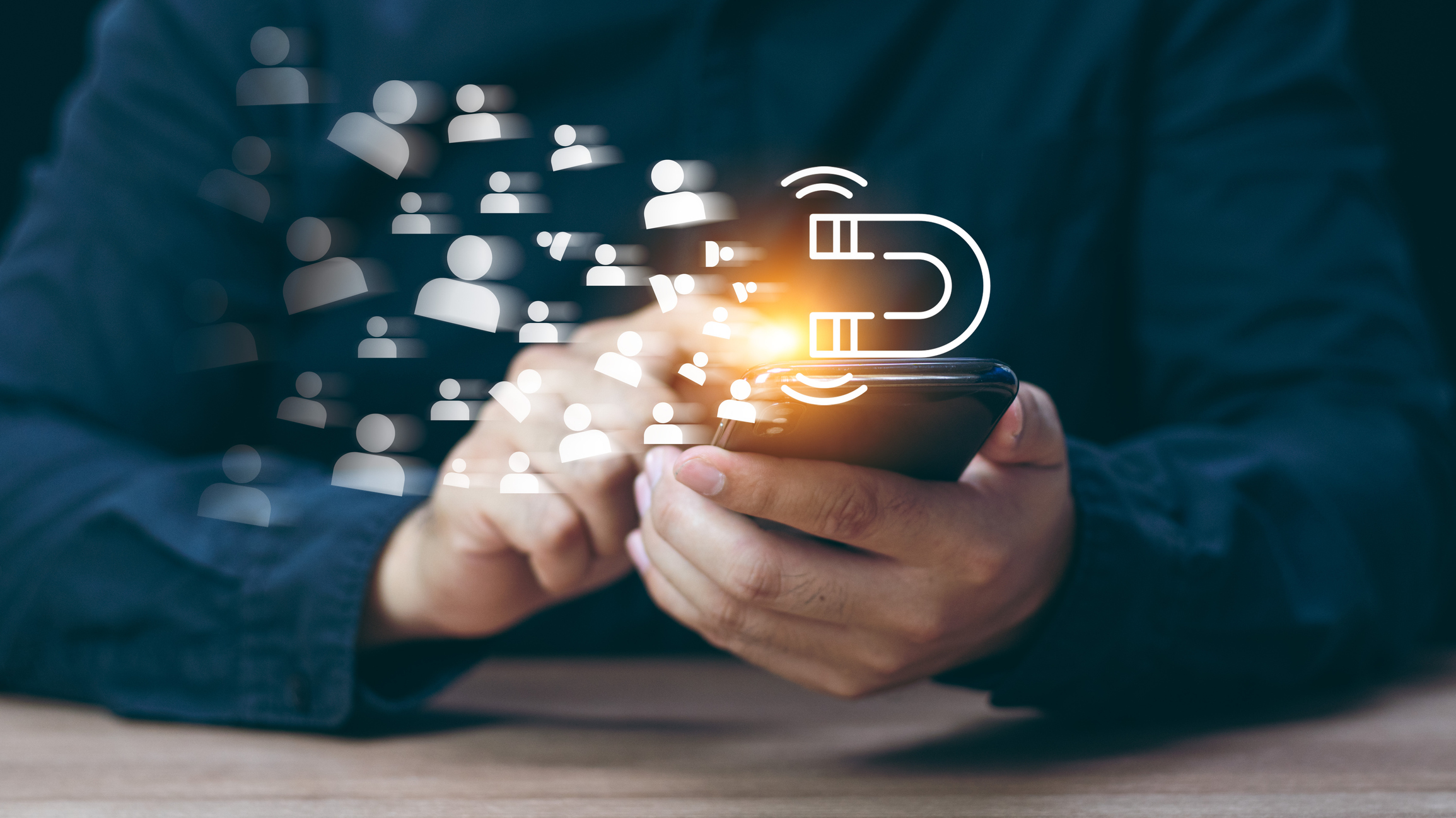 Digital Marketing Media Technology Graphic Concept, Business Lead And Customer Generation Magnet Pulling Figures, Businessman Using Mobile Smart Phone