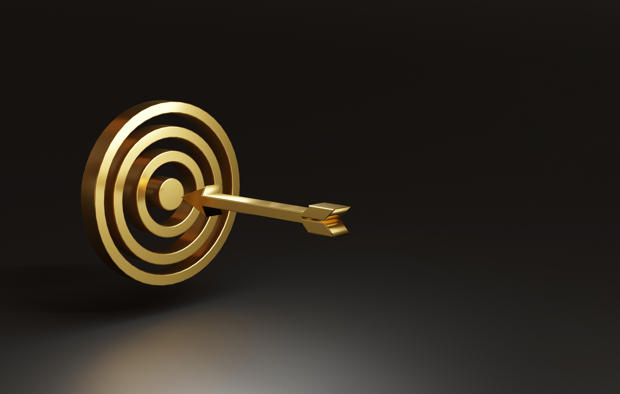 Realistic Virtual Golden Dartboard With Arrow On Dark Background With Copy Space For Setup Business Objectives Target Concept,creative Ideas By 3d Rendering Technique.