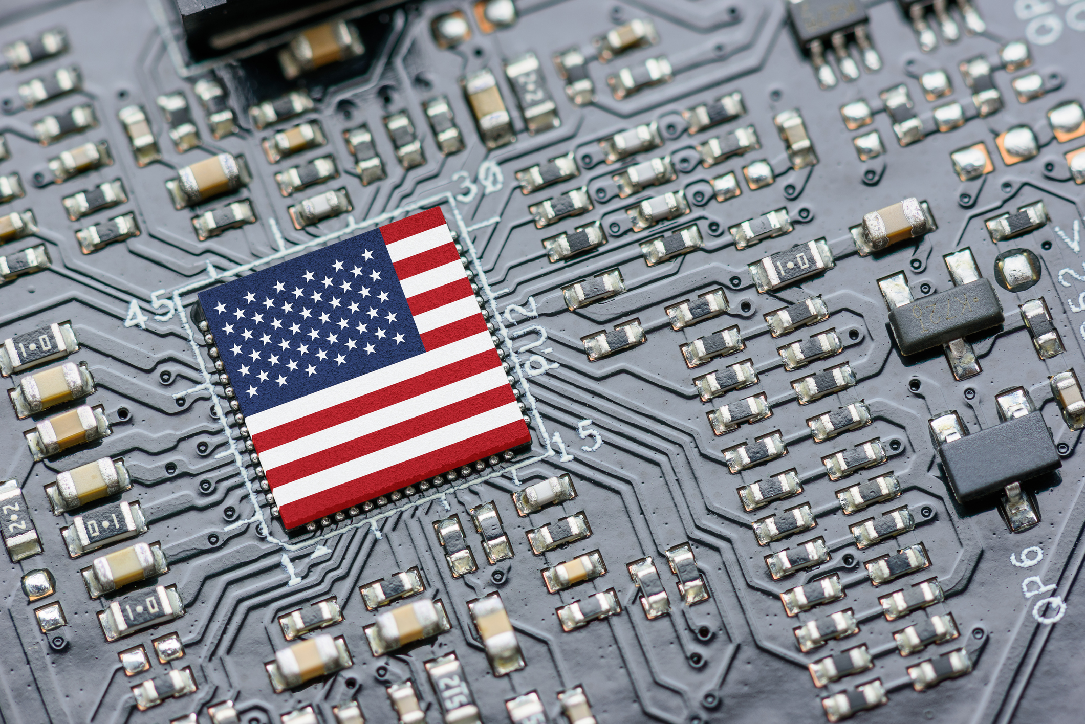 Flag Of Usa On A Processor, Cpu Central Processing Unit Or Gpu Microchip On A Motherboard. Us Firms Have Become The Latest Collateral Damage In Us China Tech War. Us Blocks Sales Of Ai Chips To China.