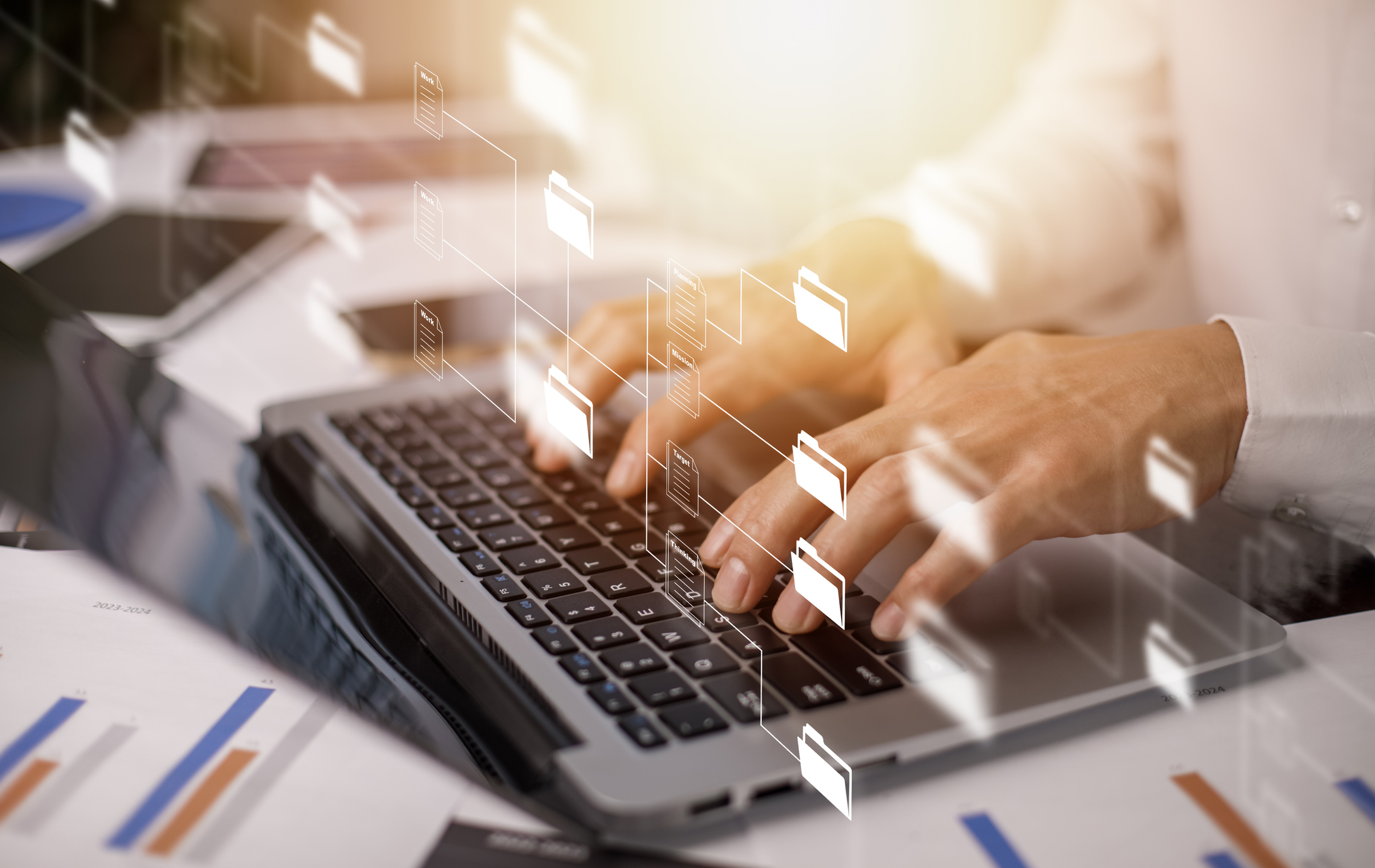 Businessman Working On Laptop With Virtual Screen. Online Documentation Database, It Consultant Being Set Up Virtual Document Management System With Laptop,software For Archiving Corporate Files.